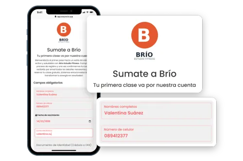 Celular con la página de autoregistro de un gimnasio en EasySocio, con el logo, el título «Sumate a Brío» y el formulario a medio completar, ampliados en dos tarjetas.