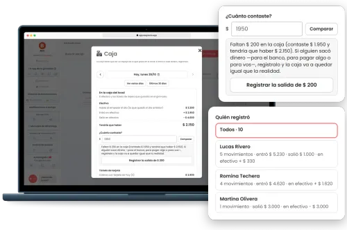 Notebook con la caja del día de un gimnasio en EasySocio: hoy, lunes 26/10, «En la caja del local» muestra el efectivo y «Tendría que haber $ 2.150». Una tarjeta amplía el conteo: se contaron $ 1.950 y la caja avisa «Faltan $ 200 en la caja», con el botón «Registrar la salida de $ 200». Otra muestra «Quién registró»: cuántos movimientos registró cada persona del equipo y cuánto entró y salió.