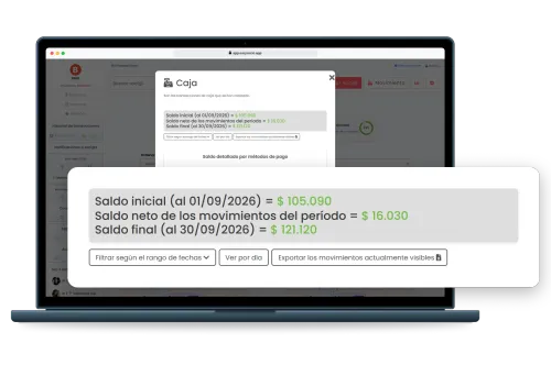 Laptop with a gym’s cash register in EasySocio filtered from September 1 to 30, with the opening balance, the net balance of the period’s transactions and the closing balance enlarged in a card, along with the buttons to filter by date, view by day and export the transactions.