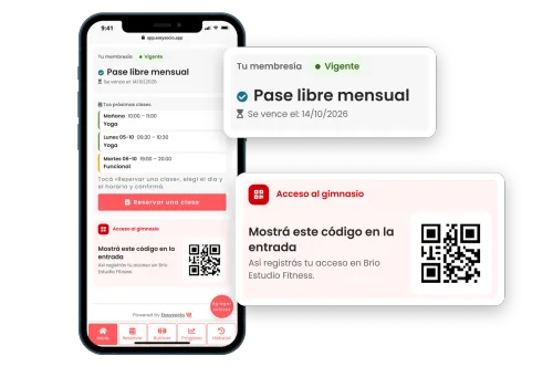 Celular con el panel del socio de EasySocio en Inicio, con la membresía vigente, las próximas clases y el código QR para entrar al gimnasio, y dos tarjetas que amplían la membresía y el QR.
