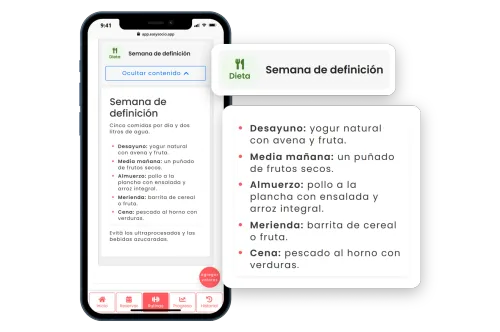 Phone with the EasySocio member app showing an open cutting-week diet, with the day’s meals from breakfast to dinner enlarged in a card next to the diet’s name.