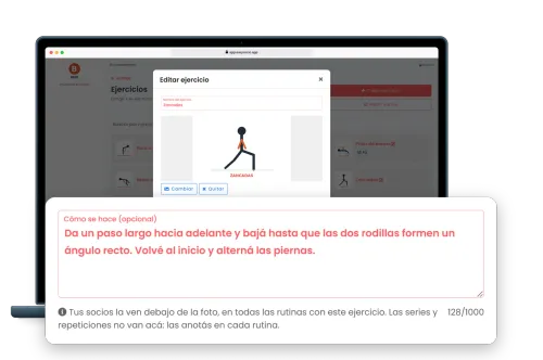 Laptop with the gym’s exercise library in EasySocio, each exercise with its pictogram, and the edit window for lunges open. A card enlarges its “How it’s done” explanation and the note that members see it in every routine that includes the exercise.