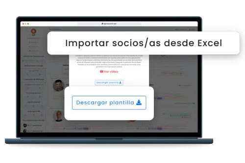 Laptop with the EasySocio window for importing members from Excel, with its instructions, and two cards that enlarge the window’s title and the button to download the template.