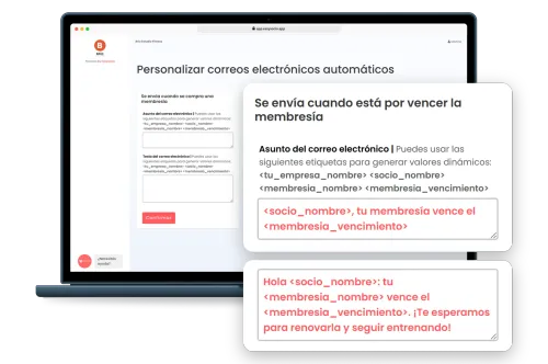 Laptop with a gym’s automatic email settings in EasySocio and two cards that enlarge the membership expiry reminder: its subject and its text, with tags that are replaced by the member’s name, their membership and the expiry date.