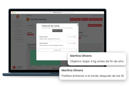 Member notes in EasySocio on a laptop: the note history on a member’s profile, showing who wrote each note and when, and two cards that enlarge her notes, one with her goal of losing 4 kg before the end of the year and another saying she prefers to train in the afternoon, after 6 PM.