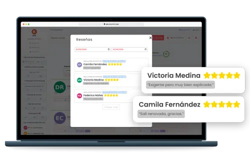 Member reviews in EasySocio on a laptop: each member rates the class with stars and leaves a comment, and two cards enlarge five-star reviews, one praising a demanding but very well explained class and another from a member who left feeling refreshed.