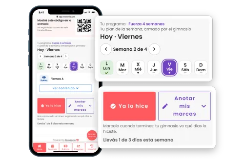 Phone with the EasySocio member app and the card for his training program, and two cards that enlarge the week’s plan with today (Friday) and the “I did it” button, which the member taps to check off the day so the gym can see which days he trained.