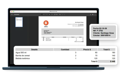 Laptop with an EasySocio receipt on A4 paper ready to print, with the gym’s logo and details; two cards enlarge the receipt number and the member who made the purchase, and each product with its quantity, price and total next to the sale total.