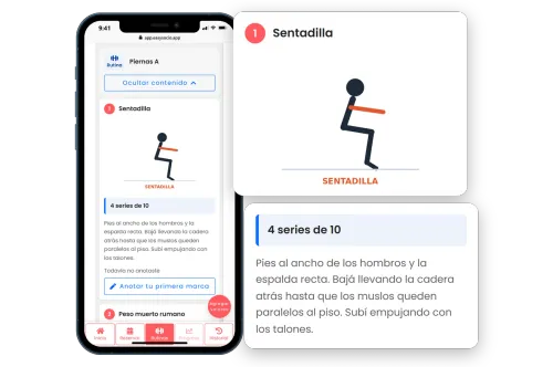 Phone with the EasySocio member app on the Routines tab, with a leg workout built from exercises, and two cards that enlarge the squat with its pictogram and its sets with the explanation of how to do it.