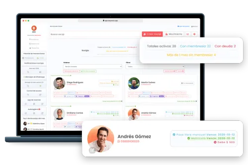 Panel de socios de EasySocio en una notebook, con los contadores de socios activos, con membresía, con deuda y sin membresía hace más de un mes, y la ficha de un socio ampliada con su membresía, el vencimiento y lo que debe.