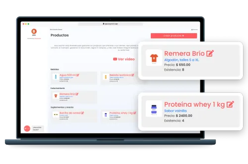 Notebook con los productos de un gimnasio en EasySocio agrupados por categoría, y dos tarjetas que amplían una remera y una proteína con su precio y su existencia en stock.