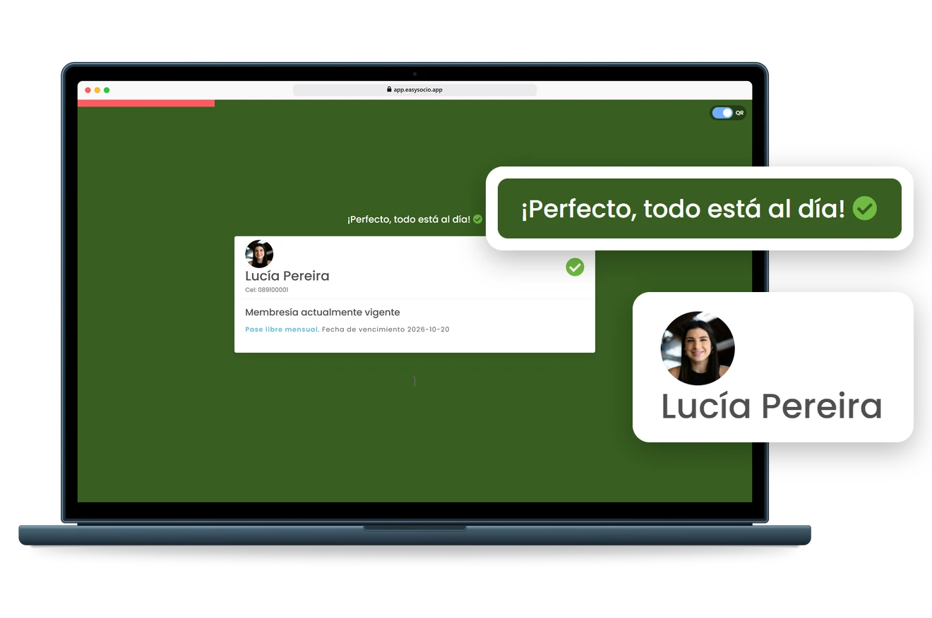 Pantalla de control de acceso de EasySocio en una notebook: el lector de QR deja pasar a una socia al día y frena a otra que tiene una deuda de $ 1.500.