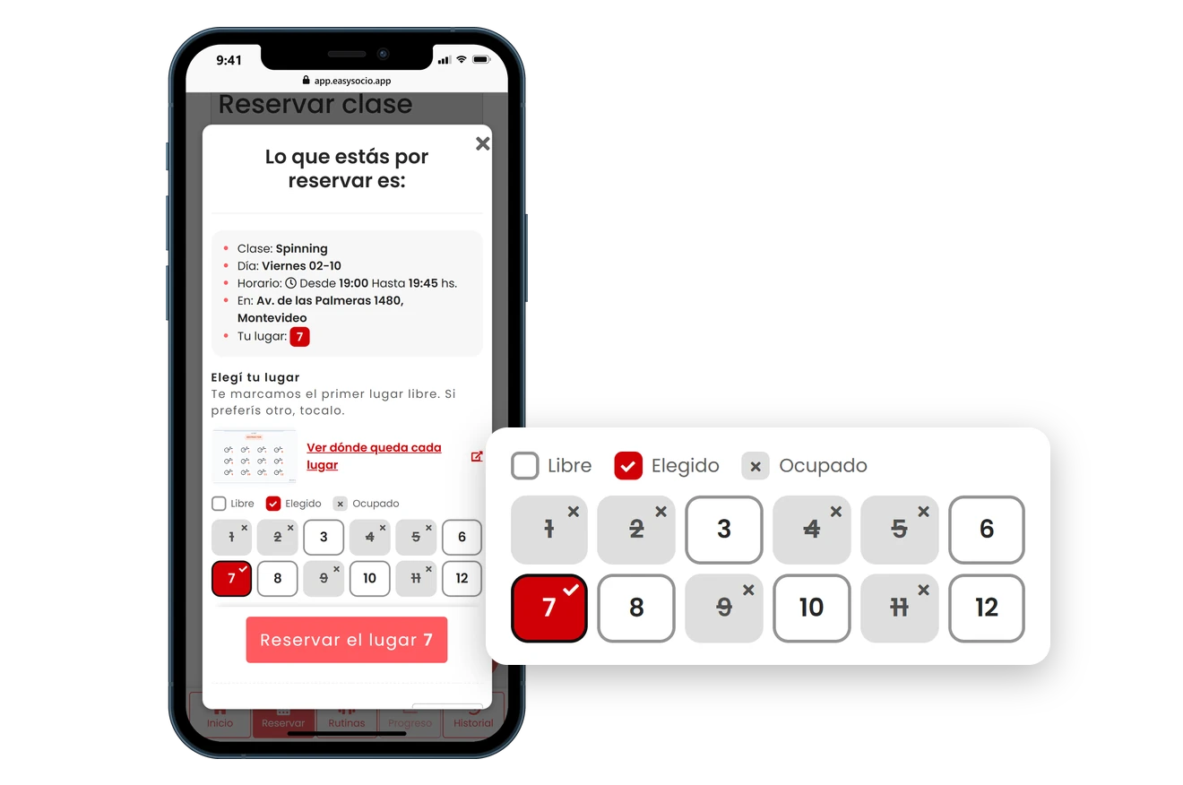 Video de un celular con el panel del socio de EasySocio reservando la clase de Spinning de las 19:00 y eligiendo la bici 7 en el mapa de lugares numerados, hasta la confirmación «Tu lugar: 7».